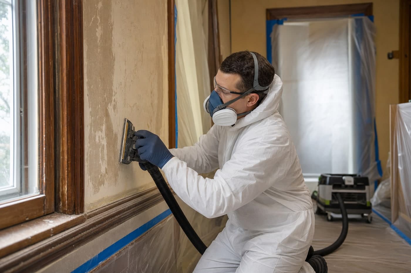 A protected painter using low-dust extraction inside a contained older Ottawa home
